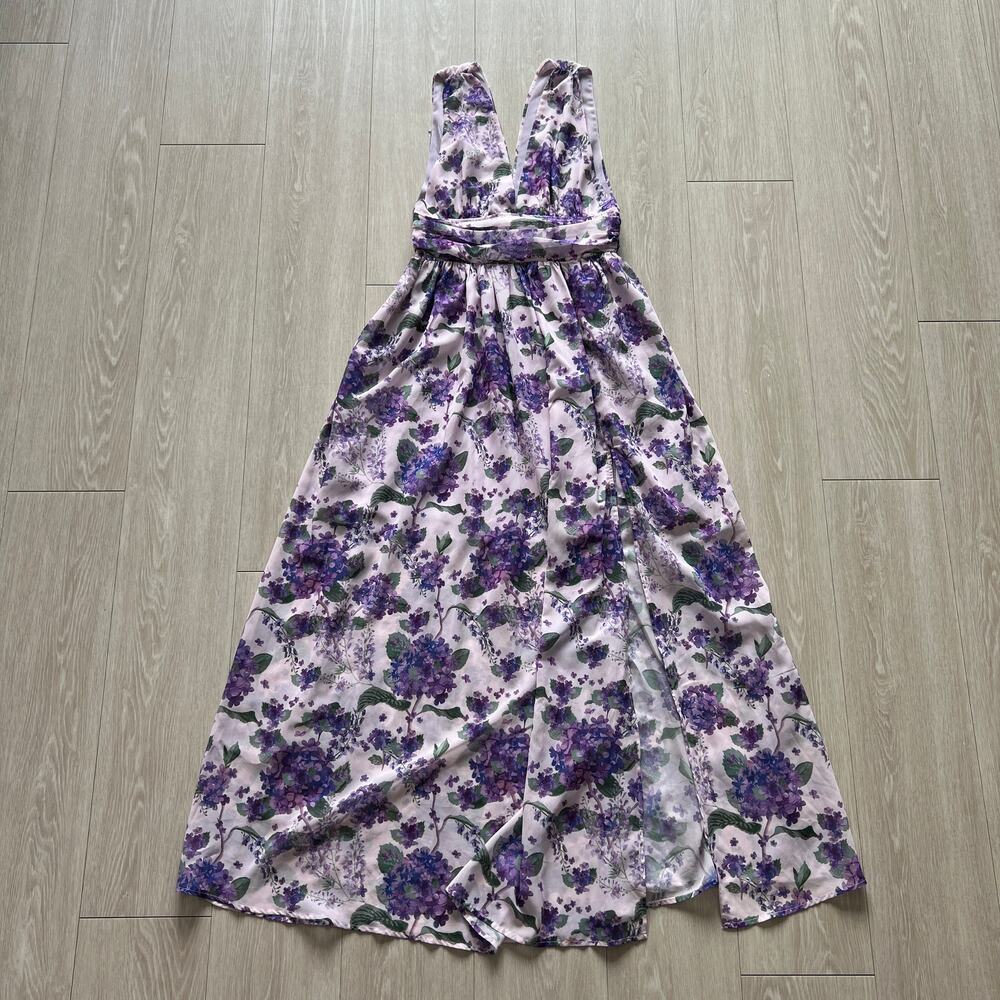 Shein Plunge Neck Floral Maxi Dress Small Purple Sleeveless Flaws